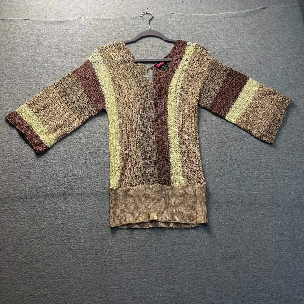 Say What Open Knit Sweater Womens Medium‎ Brown Stripe Bell Sleeve Boho Crochet